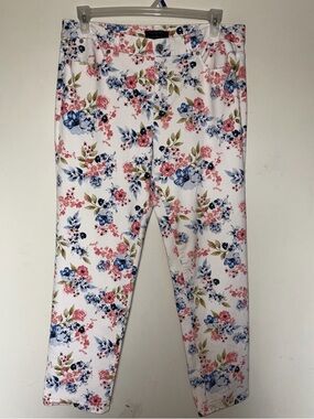 Talbots White Floral Print Ankle Denim Jeans with Pink and Blue Blossoms SIZE 14